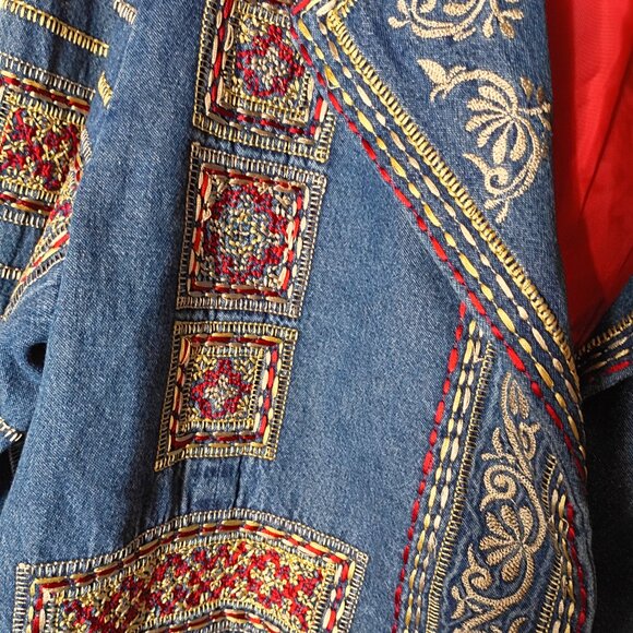 Coldwater Creek Denium Jacket Tapestry Blazer Embroidered Gold Red Womens PM - Picture 3 of 5